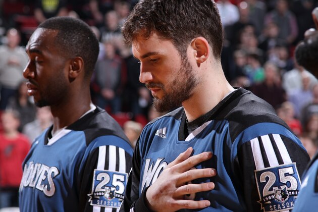 PORTLAND, OR - FEBRUARY 23:   Kevin Love #42 of the Minnesota Timberwolves stands on the court before the game against the Portland Trail Blazers on February 23, 2014 at the Moda Center Arena in Portland, Oregon. NOTE TO USER: User expressly acknowledges and agrees that, by downloading and or using this photograph, user is consenting to the terms and conditions of the Getty Images License Agreement. Mandatory Copyright Notice: Copyright 2014 NBAE (Photo by Sam Forencich/NBAE via Getty Images)