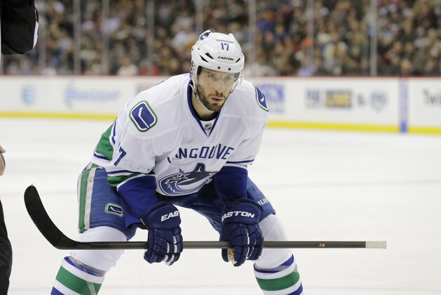 Vancouver Canucks center Ryan Kesler (17) gets into position for a face-off during the second period of an NHL hockey game against the Minnesota Wild in St. Paul, Minn., Tuesday, Dec. 17, 2013. (AP Photo/Ann Heisenfelt)