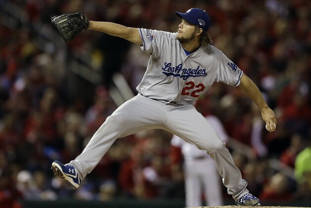 Los Angeles Dodgers starting pitcher Clayton Kershaw throws during the first inning of Game 6 of the National League baseball championship series against the St. Louis Cardinals, Friday, Oct. 18, 2013, in St. Louis. (AP Photo/Jeff Roberson)