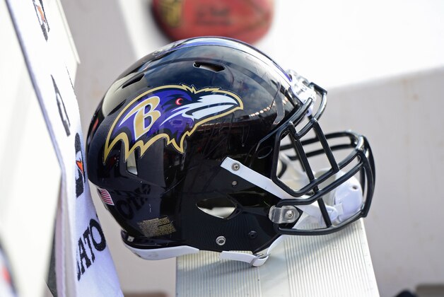 Jan 12, 2013; Denver, CO, USA; Detailed view of a Baltimore Ravens helmet on the bench against the Denver Broncos during the AFC divisional round playoff game at Sports Authority Field.  Mandatory Credit: Mark J. Rebilas-USA TODAY Sports