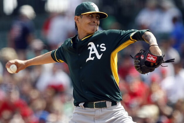 Mar 2, 2014; Tempe, AZ, USA; Oakland Athletics relief pitcher Jeremy McBryde (53) throws during the first inning against the Los Angeles Angels at Tempe Diablo Stadium. Mandatory Credit: Rick Scuteri-USA TODAY Sports