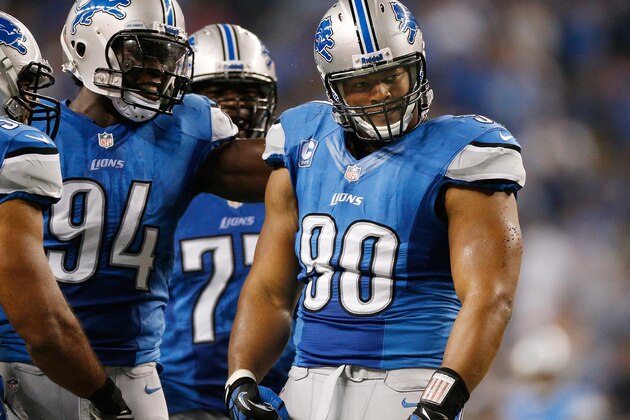 DETROIT, MI - SEPTEMBER 29:  Ndamukong Suh #90 of the Detroit Lions celebrates while playing the Chicago Bears at Ford Field on September 29, 2013 in Detroit, Michigan. (Photo by Gregory Shamus/Getty Images)