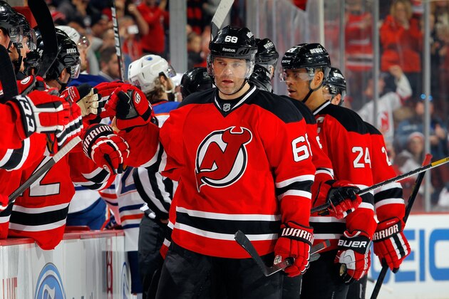 NEWARK, NJ - FEBRUARY 07:  Jaromir Jagr #68 of the New Jersey Devils in action against the Edmonton Oilers at the Prudential Center on February 7, 2014 in Newark, New Jersey. The Devils defeated the Oilers 2-1 in overtime.  (Photo by Jim McIsaac/Getty Images)