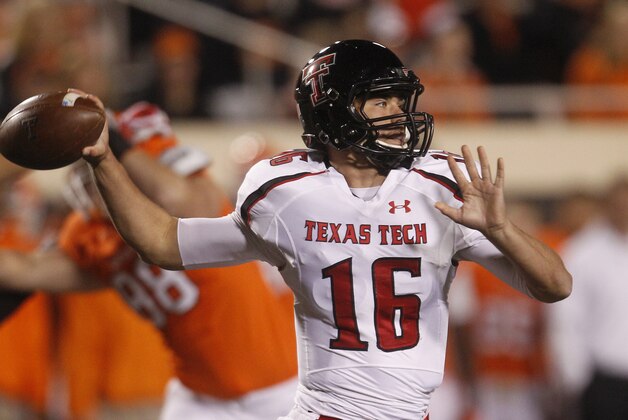 Texas Tech Michael Brewer passes against Oklahoma State during an NCAA college football game in Stillwater, Okla., Saturday, Nov. 17, 2012. (AP Photo/Sue Ogrocki)