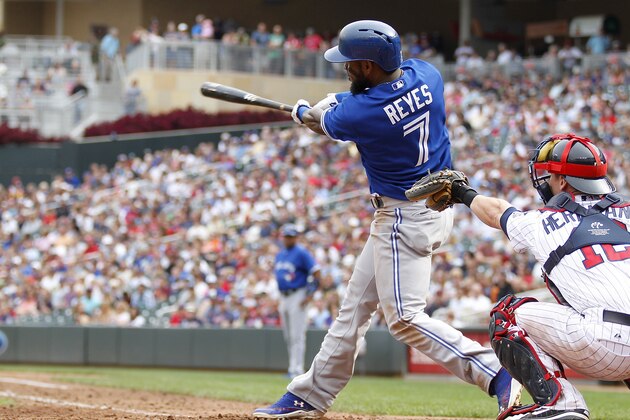 MINNEAPOLIS, MN - SEPTEMBER 8: Jose Reyes #7 of the Toronto Blue Jays follows through on an RBI single in the 8th inning against the Minnesota Twins during their baseball game on September 8, 2013 at Target Field in Minneapolis, Minnesota. (Photo by Andy Clayton-King/Getty Images) MINNEAPOLIS, MN - SEPTEMBER 8: Jose Reyes #7 of the Toronto Blue Jays follows through on an RBI single in the 8th inning against the Minnesota Twins during their baseball game on September 8, 2013 at Target Field in Minneapolis, Minnesota. (Photo by Andy Clayton-King/Getty Images)