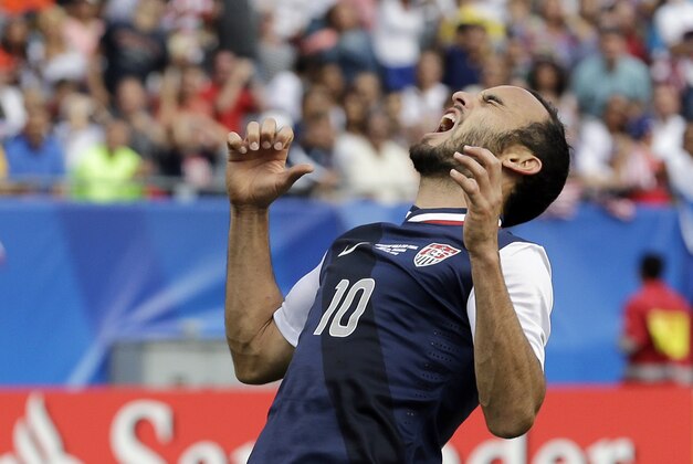 United States' Landon Donovan reacts after missing a goal during second half of the CONCACAF Gold Cup final match against Panama at Soldier Field on Sunday, July 28, 2013, in Chicago. United States won 1-0. (AP Photo/Nam Y. Huh)
