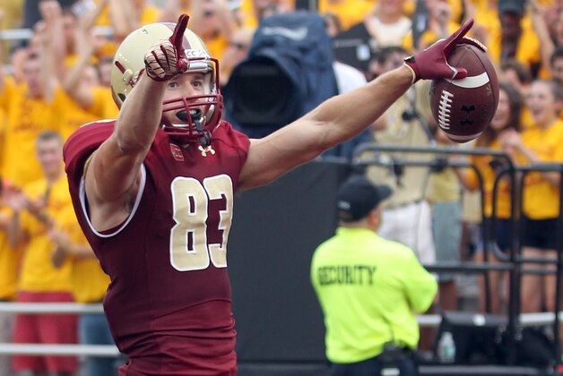 Boston College wide receiver Alex Amidon (83) celebrates after scoring a touchdown during the second half of an NCAA college football game against Villanova, Saturday, Aug. 31, 2013, in Boston.  Boston College won 24-14. (AP Photo/Mary Schwalm)