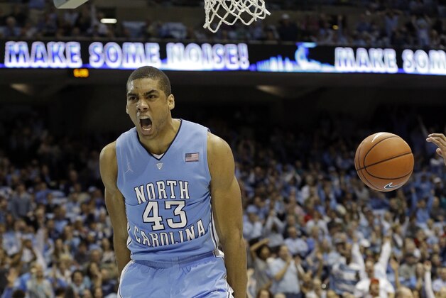 North Carolina's James Michael McAdoo celebrates following a dunk against UNC Wilmington during the second half of an NCAA college basketball game in Chapel Hill, N.C., Tuesday, Dec. 31, 2013. North Carolina won 84-51. (AP Photo/Gerry Broome)