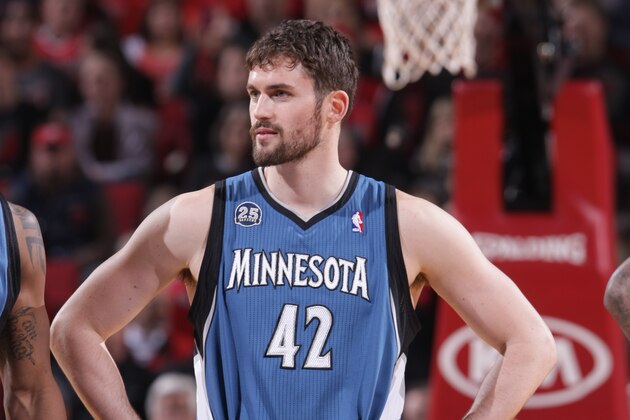 PORTLAND, OR - FEBRUARY 23:   Kevin Love #42 of the Minnesota Timberwolves stands on the court before the game against the Portland Trail Blazers on February 23, 2014 at the Moda Center Arena in Portland, Oregon. NOTE TO USER: User expressly acknowledges and agrees that, by downloading and or using this photograph, user is consenting to the terms and conditions of the Getty Images License Agreement. Mandatory Copyright Notice: Copyright 2014 NBAE (Photo by Sam Forencich/NBAE via Getty Images)