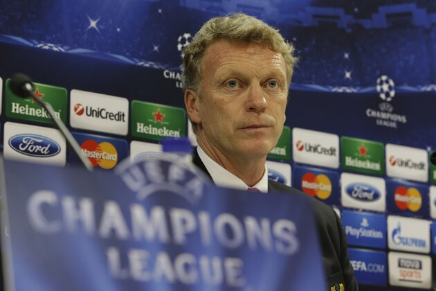 Manchester United's coach David Moyes attends a news conference at Georgios Karaiskakis stadium, in Piraeus port, near Athens, on Monday, Feb. 24, 2014.   Manchester United will play against Olympiakos in the Champions League's round of 16 on Tuesday. (AP Photo/Thanassis Stavrakis)