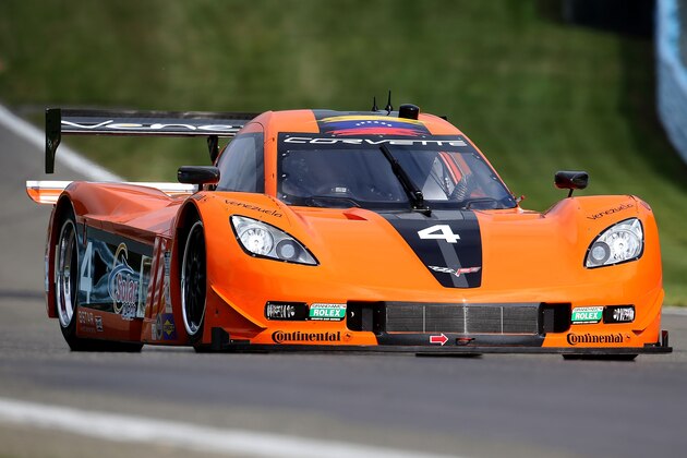 WATKINS GLEN, NY - JUNE 29:  The #4 Corvette DP of Emilio DiGuida and Luis Diaz races thorugh a turn during practice for the Sahlen's Six Hours of the Glen at Watkins Glen International on June 29, 2013 in Watkins Glen, New York.  (Photo by Brian Cleary/Getty Images)