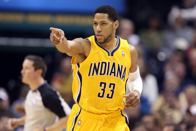 Jan 16, 2014; Indianapolis, IN, USA; Indiana Pacers forward Danny Granger (33) reacts after scoring a basket  during a game against the New York Knicks at Bankers Life Fieldhouse. Mandatory Credit: Brian Spurlock-USA TODAY Sports