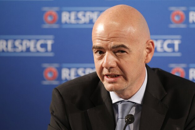 UEFA General Secretary Gianni Infantino gestures during a press conference, one day prior to the UEFA EURO 2016 qualifying draw at the Acropolis Convention Centre in Nice, southeastern France, Saturday, Feb 22, 2014. (AP Photo/Lionel Cironneau)