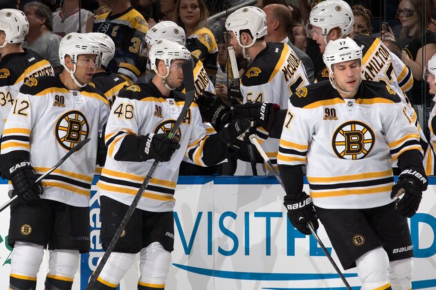 TAMPA, FL - OCTOBER 19: David Krejci #46, Jarome Iginla #12, and Milan Lucic #17 of the Boston Bruins are congratulated by teammates after a goal against the Tampa Bay Lightning during the first period at the Tampa Bay Times Forum on October 19, 2013 in Tampa, Florida.  (Photo by Scott Audette/NHLI via Getty Images)