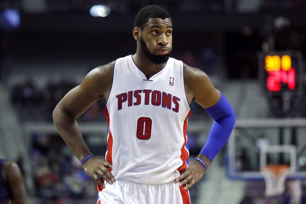 Detroit Pistons center Andre Drummond returns to the court after the New Orleans Pelicans took 101-98 lead over the Pistons during the fourth quarter of an NBA basketball game Friday, Jan. 24, 2014, in Auburn Hills, Mich. The Pelicans defeated the Pistons 103-101. (AP Photo/Duane Burleson)