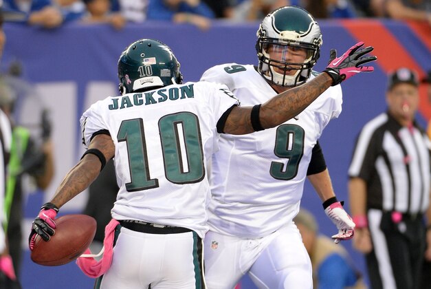 Oct 6, 2013; East Rutherford, NJ, USA; Philadelphia Eagles wide receiver DeSean Jackson (10) celebrates with quarterback Nick Foles (9) after a touchdown in the fourth quarter against the New York Giants during the game at MetLife Stadium. Mandatory Credit: Robert Deutsch-USA TODAY Sports Oct 6, 2013; East Rutherford, NJ, USA; Philadelphia Eagles wide receiver DeSean Jackson (10) celebrates with quarterback Nick Foles (9) after a touchdown in the fourth quarter against the New York Giants during the game at MetLife Stadium. Mandatory Credit: Robert Deutsch-USA TODAY Sports
