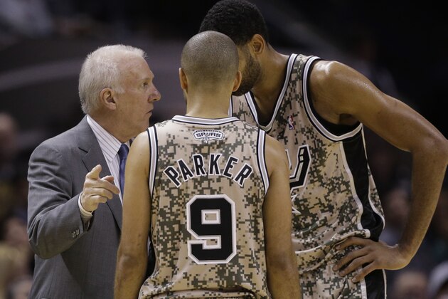 San Antonio Spurs coach Gregg Popovich, left, talks with Tony Parker (9), of France, and Tim Duncan, right, during the first half of an NBA basketball game, Wednesday, Nov. 13, 2013, in San Antonio. (AP Photo/Eric Gay)