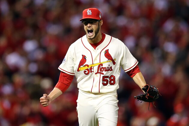 ST LOUIS, MO - OCTOBER 26:  Joe Kelly #58 of the St. Louis Cardinals reacts after the last out in the top of the fourth inning against the Boston Red Sox during Game Three of the 2013 World Series at Busch Stadium on October 26, 2013 in St Louis, Missouri.  (Photo by Ronald Martinez/Getty Images)