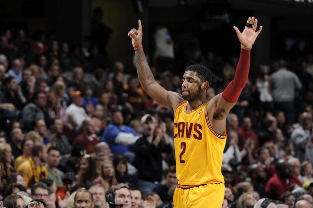 CLEVELAND, OH - FEBRUARY 28:  Kyrie Irving #2 of the Cleveland Cavaliers celebrates after the game against the Utah Jazz at The Quicken Loans Arena on February 28, 2014 in Cleveland, Ohio. NOTE TO USER: User expressly acknowledges and agrees that, by downloading and/or using this Photograph, user is consenting to the terms and conditions of the Getty Images License Agreement. Mandatory Copyright Notice: Copyright 2014 NBAE (Photo by David Liam Kyle/NBAE via Getty Images)