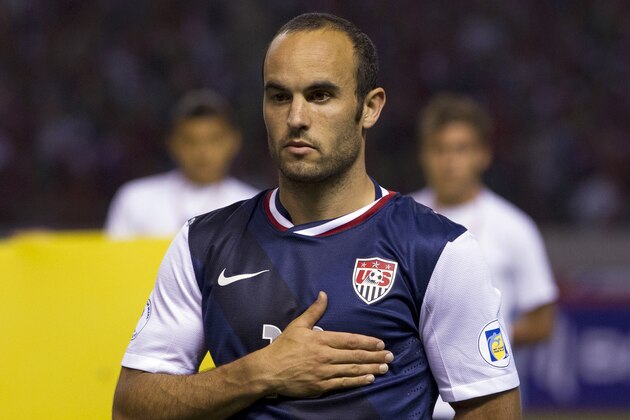 United States' Landon Donovan prior to a 2014 World Cup qualifying soccer match against Costa Rica in San Jose, Costa Rica, Friday, Sept. 6, 2013. (AP Photo/Moises Castillo)