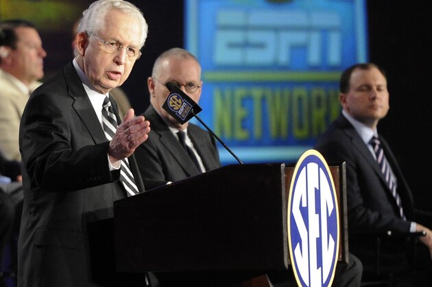 Southeastern Conference Commissioner  Mike Slive speaks during a news conference announcing the launching of the SEC Network in partnership with ESPN, held Thursday, May 2, 2013, in Atlanta. (AP Photo/John Amis)
