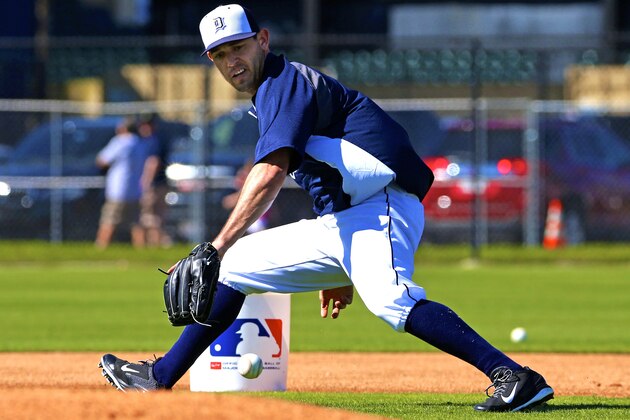 This is a 2014 photo of Ian Kinsler of the Detroit Tigers baseball team. This image reflects the Tigers active roster as of Sunday, Feb. 23, 2014 when this image was taken at spring training in Lakeland, Fla. (AP Photo/Gene J. Puskar)