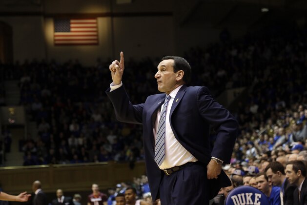 Duke coach Mike Krzyzewski reacts during the second half of an NCAA college basketball game against Virginia Tech in Durham, N.C., Tuesday, Feb. 25, 2014. Duke won 66-48. (AP Photo/Gerry Broome)