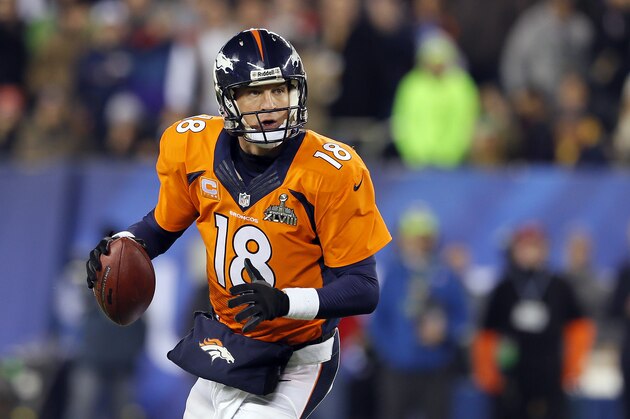 EAST RUTHERFORD, NJ - FEBRUARY 02:  Quarterback Peyton Manning #18 of the Denver Broncos looks to pass against the Seattle Seahawks during Super Bowl XLVIII at MetLife Stadium on February 2, 2014 in East Rutherford, New Jersey.  (Photo by Kevin C. Cox/Getty Images)