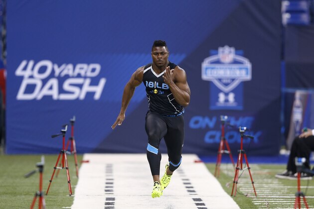 INDIANAPOLIS, IN - FEBRUARY 24: Former Buffalo linebacker Khalil Mack runs the 40-yard dash during the 2014 NFL Combine at Lucas Oil Stadium on February 24, 2014 in Indianapolis, Indiana. (Photo by Joe Robbins/Getty Images)