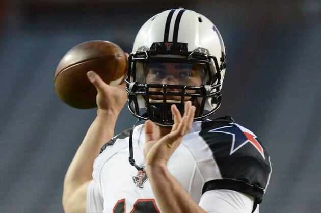 Nov 28, 2013; Austin, TX, USA; Texas Tech Red Raiders quarterback Michael Brewer (16) warms up prior to the game against the Texas Longhorns at Darrell K Royal-Texas Memorial Stadium. Mandatory Credit: Brendan Maloney-USA TODAY Sports