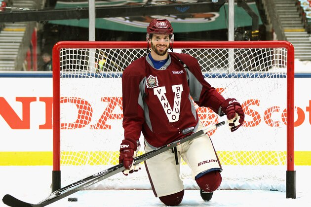 VANCOUVER, CANADA - MARCH 1: (EDITORIAL USE ONLY) Ryan Kesler #17 of the Vancouver Canucks smiles during the family skate after practice for the 2014 Tim Hortons NHL Heritage Classic game at BC Place on March 1, 2014 in Vancouver, British Columbia, Canada. (Photo by Dave Sandford/NHLI via Getty Images)