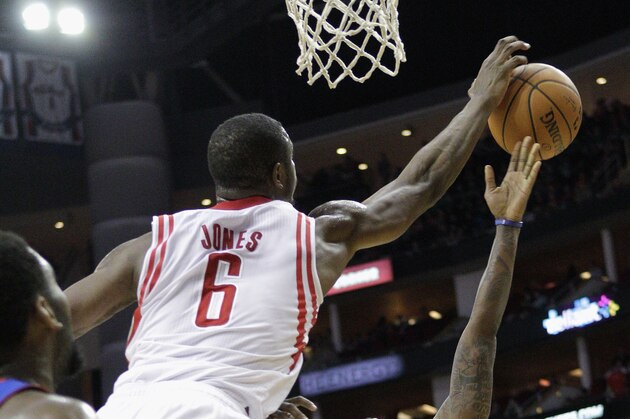Detroit Pistons guard Brandon Jennings (7) has his shot blocked by Houston Rockets' Terrence Jones (6) during the first half of an NBA basketball game, Saturday, March 1, 2014, in Houston. (AP Photo/Bob Levey) Detroit Pistons guard Brandon Jennings (7) has his shot blocked by Houston Rockets' Terrence Jones (6) during the first half of an NBA basketball game, Saturday, March 1, 2014, in Houston. (AP Photo/Bob Levey)