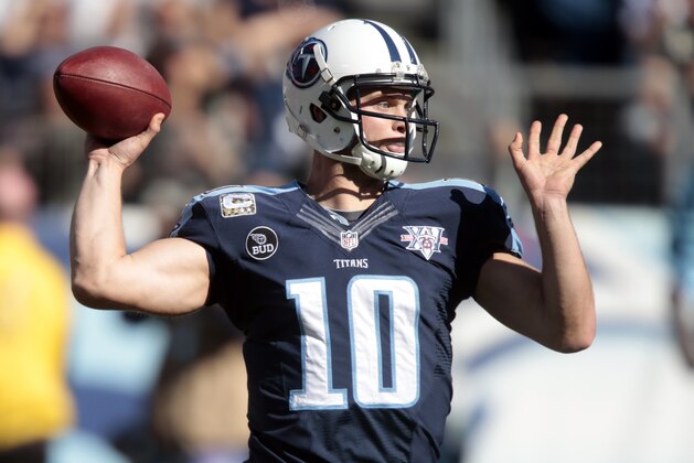 Tennessee Titans quarterback Jake Locker (10) passes against the Jacksonville Jaguars in the first quarter of an NFL football game on Sunday, Nov. 10, 2013, in Nashville, Tenn. (AP Photo/Wade Payne)