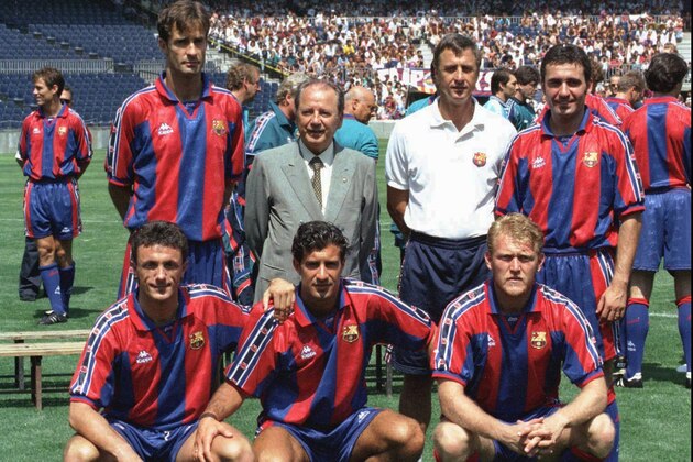 F.C. Barcelona's President Josep Luis Nunez, back second left, and Dutch coach Johan Cruyff, back second right, pose with the team's new players during the presentation of the team in Barcelona Wednesday July 26 1995. They are back left to right, Bosnian Meho Kodro and Romanian Gheorghe Hagi, who signed on last year. Front left to right, Romanian Gheorghe Popescu, Portuguese Luis Figo and German Robert Prosinecki. (AP Photo/Cesar Rangel)