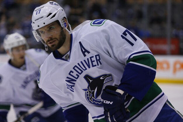 Feb 8, 2014; Toronto, Ontario, CAN; Vancouver Canucks forward Ryan Kesler (17) during the pre game warm up against the Toronto Maple Leafs at the Air Canada Centre. Mandatory Credit: John E. Sokolowski-USA TODAY Sports