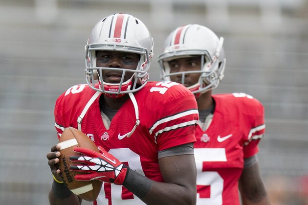 September 8, 2012; Columbus, OH, USA; Ohio State Buckeyes quarterback Cardale Jones (12) throws a pass in warmups before the game against the UAB Blazers at Ohio Stadium. Ohio State won the game 29-15. Mandatory Credit: Greg Bartram-USA TODAY Sports September 8, 2012; Columbus, OH, USA; Ohio State Buckeyes quarterback Cardale Jones (12) throws a pass in warmups before the game against the UAB Blazers at Ohio Stadium. Ohio State won the game 29-15. Mandatory Credit: Greg Bartram-USA TODAY Sports