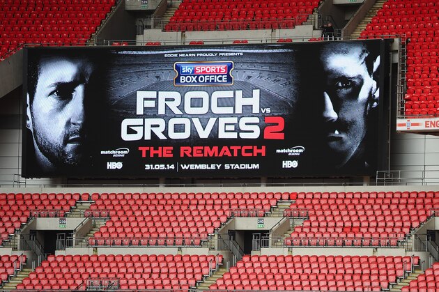 LONDON, ENGLAND - MARCH 04:  Wembley Stadium's big screen displays the Froch v Groves 2 logo during the announcement that Wembley Stadium will stage the rematch between Carl Froch and George Groves on May 31 at Wembley Stadium on March 4, 2014 in London, England.  (Photo by Mike Hewitt/Getty Images)