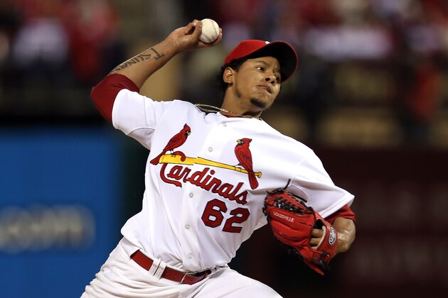 ST LOUIS, MO - OCTOBER 28:  Carlos Martinez #62 of the St. Louis Cardinals pitches against the Boston Red Sox during Game Five of the 2013 World Series at Busch Stadium on October 28, 2013 in St Louis, Missouri.  (Photo by Rob Carr/Getty Images)