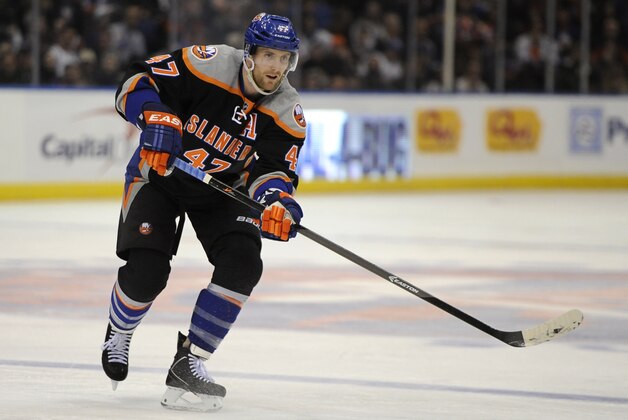New York Islanders' Andrew MacDonald (47) looks on during an NHL hockey game against the St. Louis Blues on Saturday, Jan. 25, 2014, in Uniondale, N.Y. (AP Photo/Kathy Kmonicek)
