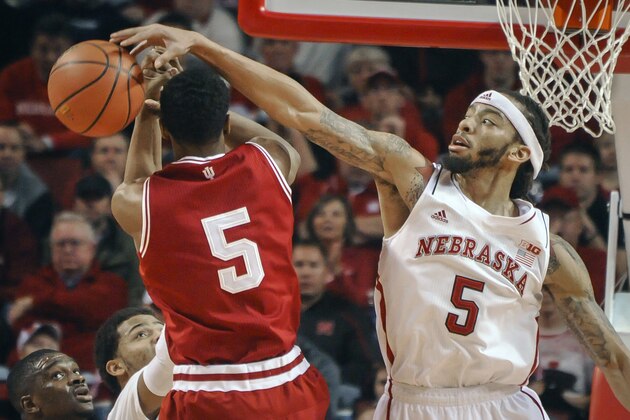 Nebraska guard/forward Terran Petteway (5) gets a block against Indiana forward Troy Williams (5) during an NCAA college basketball game, Thursday, Jan. 30, 2014 in Lincoln, Neb.(AP Photo/Dave Weaver)
