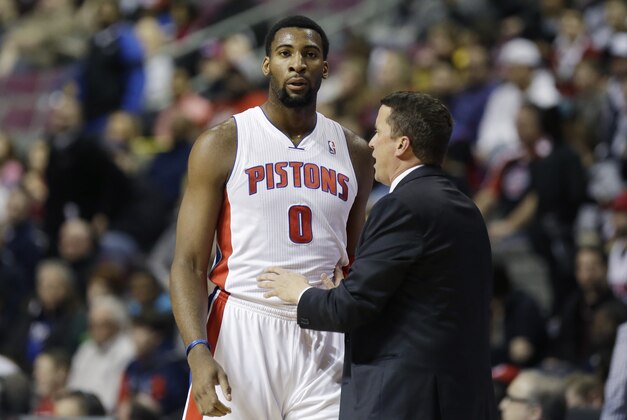 Detroit Pistons center Andre Drummond (0) talks with interim head coach John Loyer during the first half of an NBA basketball game against the Golden State Warriors in Auburn Hills, Mich., Monday, Feb. 24, 2014. (AP Photo/Carlos Osorio)