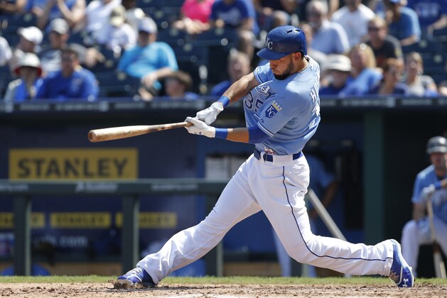 Kansas City Royals' Eric Hosmer hits a three-run home run off Detroit Tigers starting pitcher Doug Fister during the fifth inning of a baseball game at Kauffman Stadium in Kansas City, Mo., Sunday, Sept. 8, 2013. (AP Photo/Orlin Wagner)