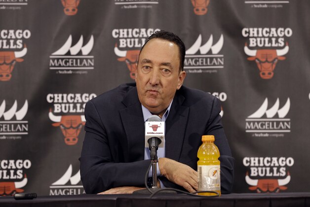 Chicago Bulls General Manager Gar Forman speaks at a news conference during NBA basketball media day at the Sheri L. Berto Center on Friday, Sept. 27, 2013., in Deerfield, Ill. (AP Photo/Nam Y. Huh)