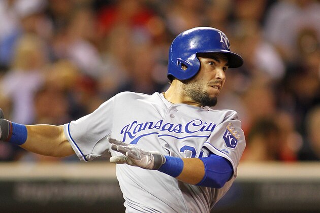 Kansas City Royals Eric Hosmer watches his double off Minnesota Twins pitcher Brian Duensing in the 9th inning of baseball won by the Royals 7-2 in Minneapolis Tuesday, July 30, 2013.(AP Photo/Andy Clayton-King)