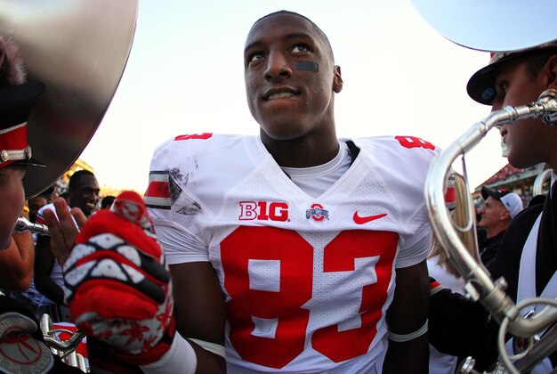 September 29, 2012; East Lansing, MI, USA; Ohio State Buckeyes wide receiver Michael Thomas (83) after the game against the Michigan State Spartans at Spartan Stadium. Ohio State won 17-16       Mandatory Credit: Mike Carter-USA TODAY Sports