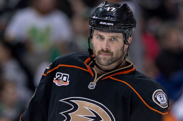 Nov 26, 2013; Dallas, TX, USA; Anaheim Ducks left wing Dustin Penner (17) waits for play to begin against the Dallas Stars during the game at American Airlines Center. The Stars defeated the Ducks 6-3. Mandatory Credit: Jerome Miron-USA TODAY Sports
