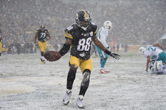 Pittsburgh Steelers wide receiver Emmanuel Sanders (88) celebrates after scoring a touchdown against the Miami Dolphins during the first quarter of an NFL football game on Sunday, Dec. 8, 2013, in Pittsburgh. Miami won 34-28. (AP Photo/Don Wright)