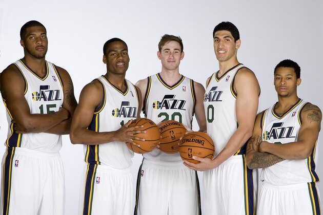 SALT LAKE CITY, UT - SEPTEMBER 30:  (from left) Derrick Favors #15, Alec Burks #10, Gordon Hayward #20, Enes Kanter #0 and Trey Burke #3 of the Utah Jazz pose for a photo during 2013 Media Day at Zions Basketball Center on September 30, 2013 in Salt Lake City, Utah. NOTE TO USER: User expressly acknowledges and agrees that, by downloading and or using this Photograph, User is consenting to the terms and conditions of the Getty Images License Agreement. Mandatory Copyright Notice: Copyright 2013 NBAE (Photo by Melissa Majchrzak/NBAE via Getty Images)