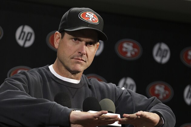 San Francisco 49ers coach Jim Harbaugh gestures during an NFL football news conference Tuesday, Jan. 21, 2014, in Santa Clara, Calif. (AP Photo/Ben Margot)