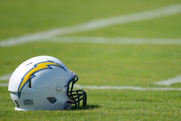 July 26, 2012; San Diego, CA, USA; A detailed view of a San Diego Chargers helmet during training camp at Charger Park. Mandatory Credit: Jake Roth-USA TODAY Sports